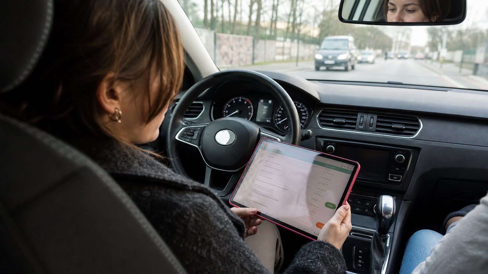 Enseignant de la conduite renseignant le livret numérique de son élève sur une tablette en voiture