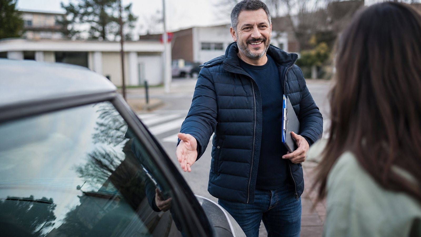 Élève retrouvant son enseignant de conduite pour une leçon de reprise après plusieurs mois d'arrêt