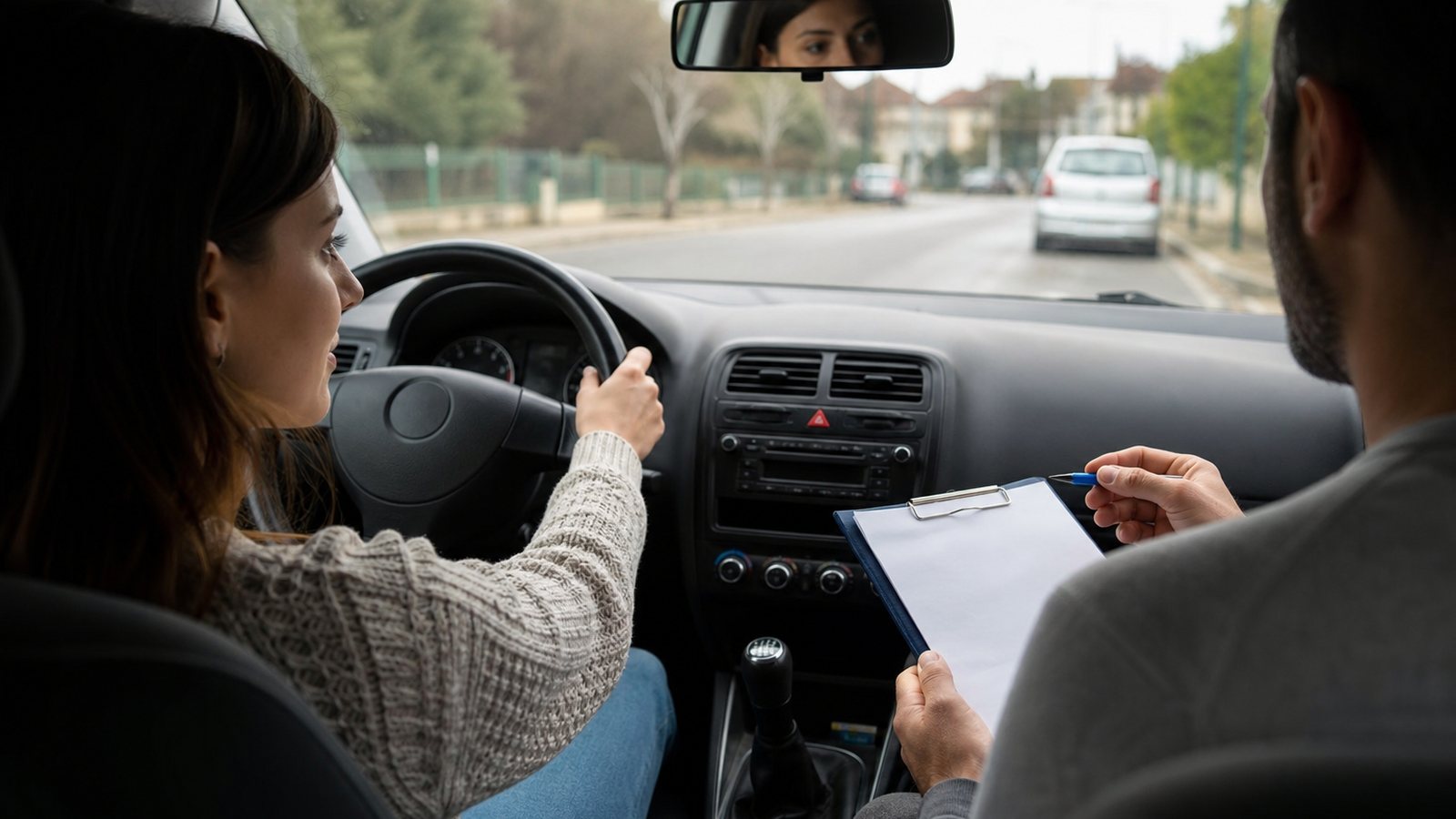Enseignant évaluant une compétence de conduite précise de son élève pendant une leçon sur route